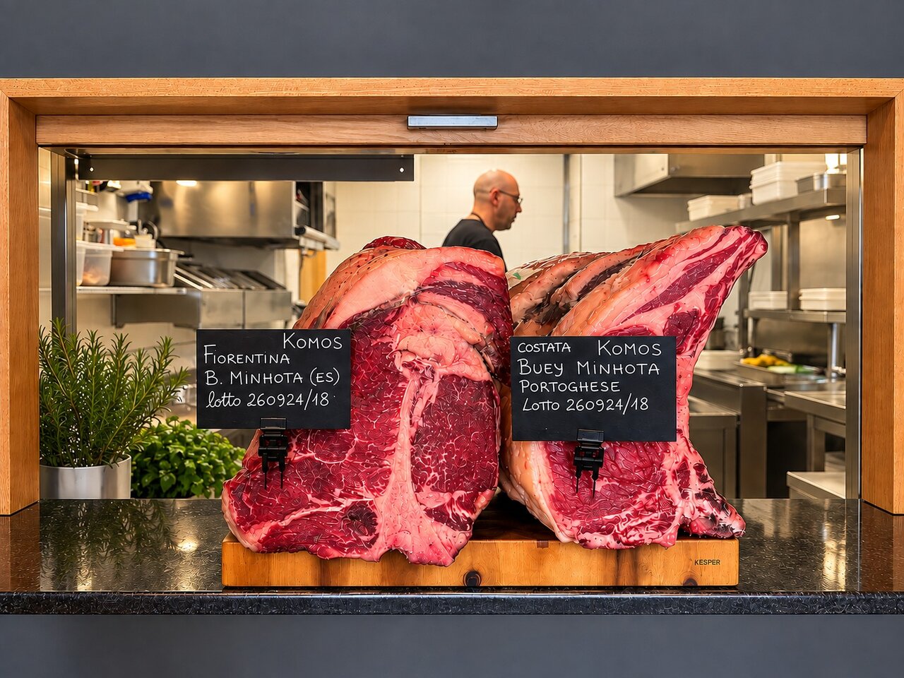 Fiorentina e costata di Minhota frollate in esposizione davanti alla cucina
